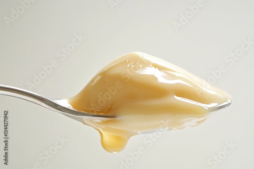 A spoonful of creamy, golden dessert; smooth, luscious texture with a glistening surface.