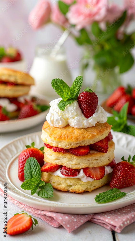 A beautiful spring dessert with layers of golden, flaky shortcake, fresh strawberries, and fluffy whipped cream. The berries are glistening, with a sprig of mint on top A beautiful spring dessert with layers of golden, flaky shortcake, fresh strawberries, and fluffy whipped cream. The berries are glistening, with a sprig of mint on top