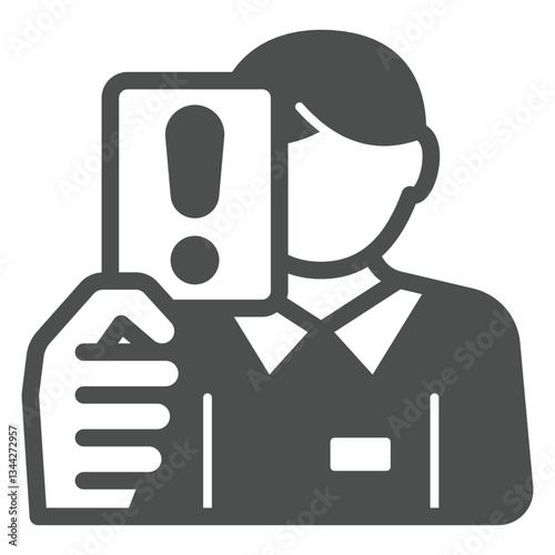 Referee man with ban warning card solid icon, world sport concept. Vector graphics. Trainer with deny message letter sign on white background, glyph style icon for mobile or web design.