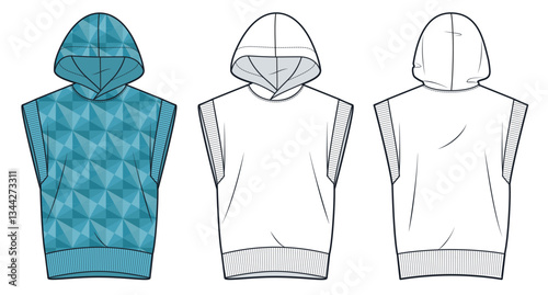 Sleeveless Hoodie Vest with Blue Geometric Pattern technical fashion illustration. Hooded Sweatshirt fashion flat technical drawing template, front back view, white, women, men, unisex CAD mockup set.