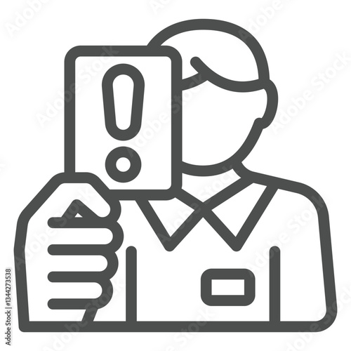 Referee man with ban warning card line icon, world sport concept. Vector graphics. Trainer with deny message letter sign on white background, outline style icon for mobile or web design.