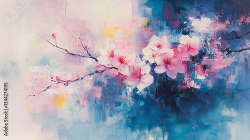 A painting of a pink flower branch with pink flowers