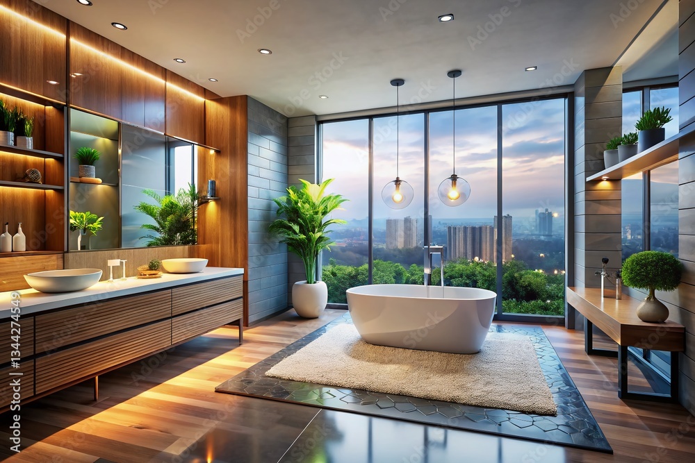 Fototapeta premium Panoramic 3D Render: Luxurious Modern Bathroom Interior Design