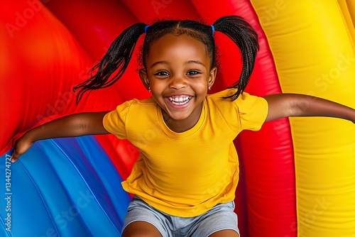 A joyful African little girl with pigtails, wearing a yellow shirt, excitedly jumps inside a colorful inflatable bounce house.