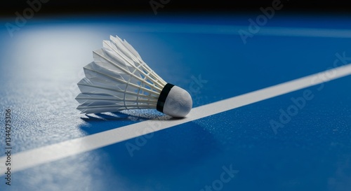 Shuttlecock on Badminton Court - A single white shuttlecock rests on the blue badminton court, near the white line. Ready for the next serve