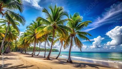 Panoramic Beach Scene: Palm Trees Swaying on Tropical Shore