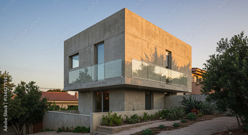 Modern Cube House Exterior Concrete Structure Balcony And Glass Railing With Evening Sunlight and Lush Garden View Modern Cube House Exterior Concrete Structure Balcony And Glass Railing With Evening Sunlight and Lush Garden View