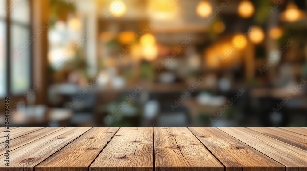 Wooden table with blurred cafe background Wooden table with blurred cafe background