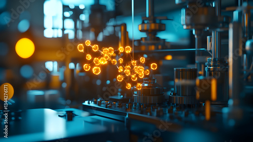 Futuristic Molecular Structure Floating in High-Tech Laboratory with Robotic Precision Equipment