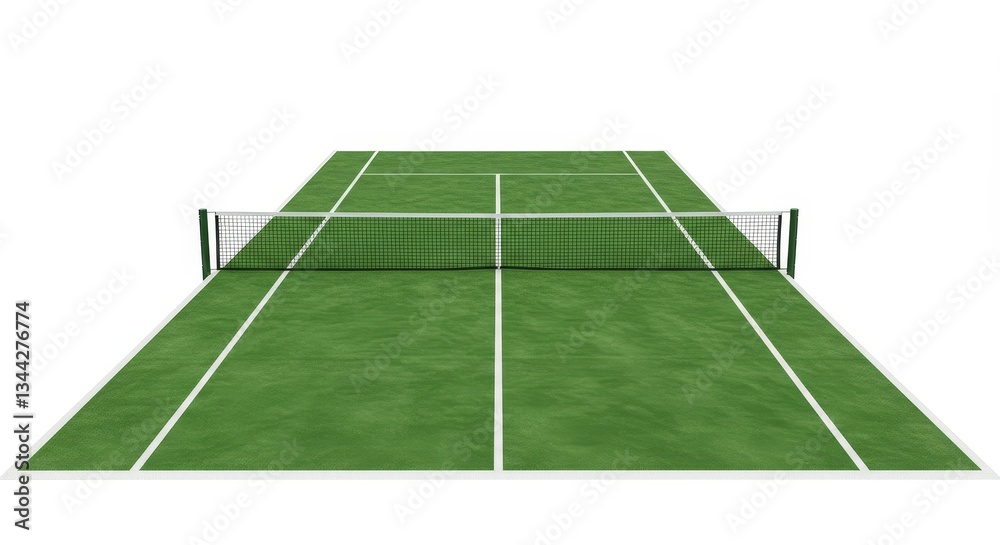 Fototapeta premium Tennis Court Green Field - Overhead view of an empty green tennis court with white lines and a net, ready for a match