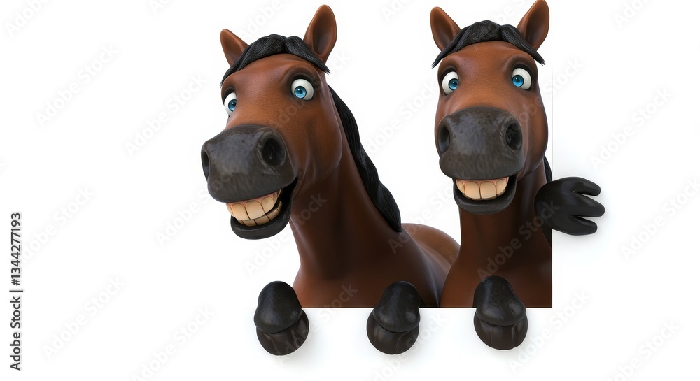 Obraz premium Two Happy Horses Peeking Over Sign - Two cheerful brown cartoon horses playfully peeking over a blank sign, perfect for your message