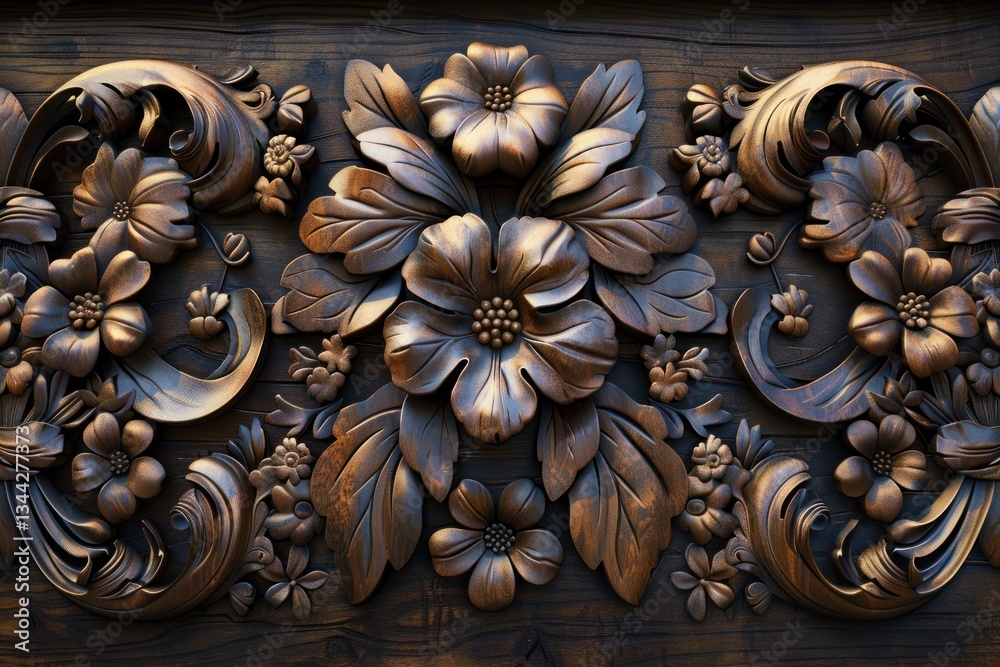 Dark walnut panel features intricate floral carvings and textures, softly illuminated for an elegant touch