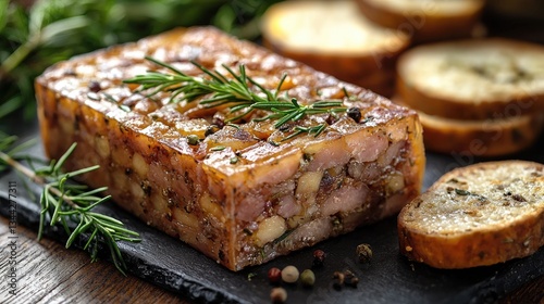 Delicious meat terrine garnished with rosemary, served with toasted bread slices