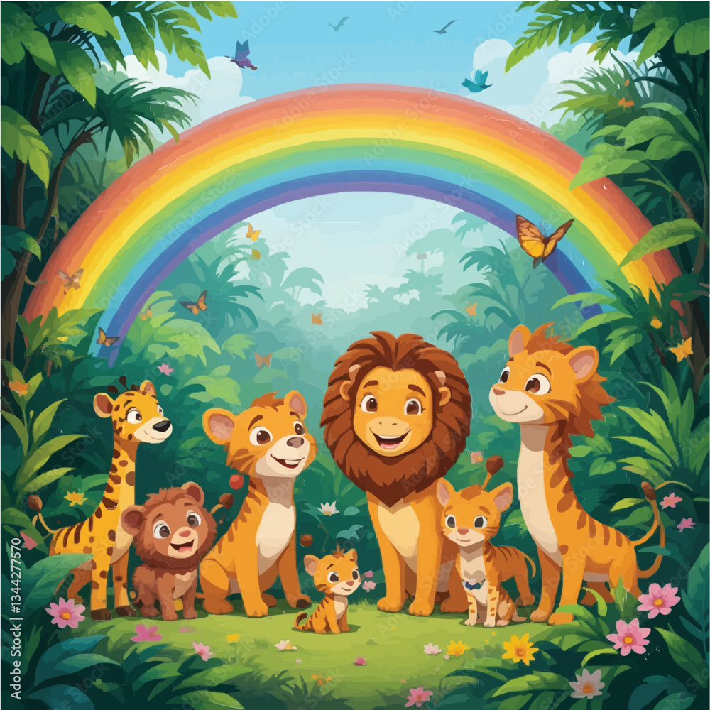 Fototapeta premium Enchanting Jungle Scene with Rainbow, Butterflies, and Happy Animals Celebrating in a Lush Forest