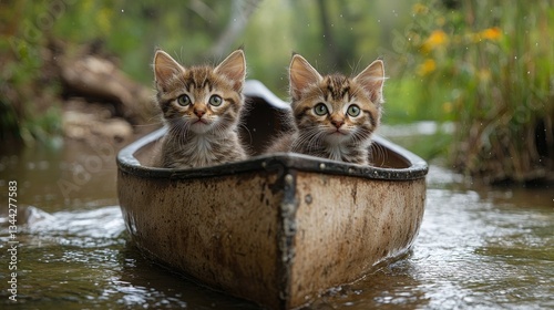 Two adorable kittens in a small boat on a serene river surrounded by nature