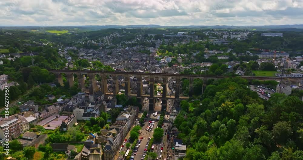 A drone view over bridge Morlaix. Aerial view of the city of Morlaix in France. Finistere department, Brittany in France A drone view over bridge Morlaix. Aerial view of the city of Morlaix in France. Finistere department, Brittany in France