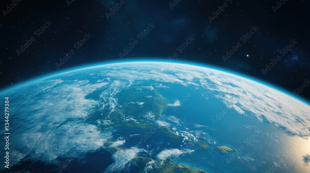 Fototapeta premium Stunning view of Earth from space showcasing vibrant blue oceans, fluffy clouds, and distant stars in a vast dark universe, symbolizing beauty and exploration