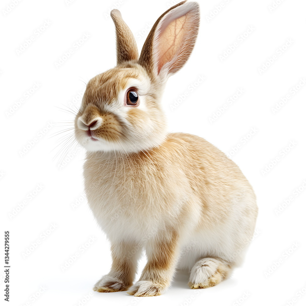 Fototapeta premium A beautifully detailed portrait of a rabbit standing in side view, its soft light brown and white fur carefully textured, large expressive eyes full of curiosity, and perked-up ears, isolated on