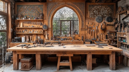 Antique woodworking workshop interior with tools and ornate window.