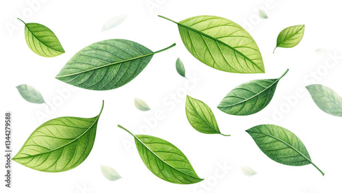 Green leaves dancing in the air. For composite. Background cropped. png