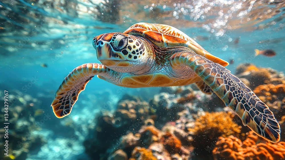 Obraz premium A majestic sea turtle gracefully swimming through vibrant coral reefs underwater