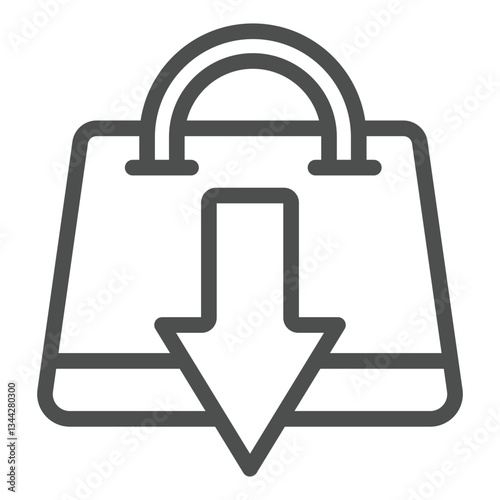 Shopping bag with down arrow line icon, global sanctions concept. Vector graphics. Low consumer basket, buying reduce sign on white background, outline style icon for mobile or web design.