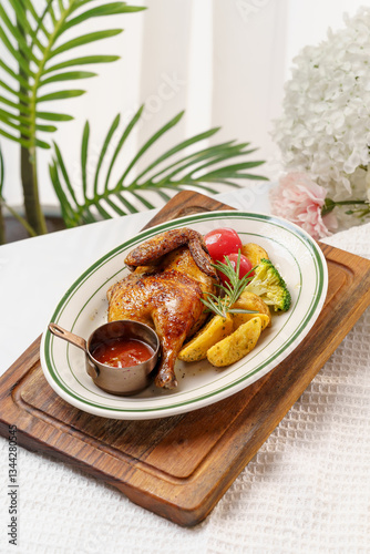 Western-style roasted chicken and side dishes on a monochrome background