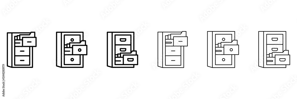 File Cabinet icon set. The file cabinet icon depicts a storage unit with drawers for organizing and securing documents. This icon depicts office organization, record keeping, and file management. File Cabinet icon set. The file cabinet icon depicts a storage unit with drawers for organizing and securing documents. This icon depicts office organization, record keeping, and file management.