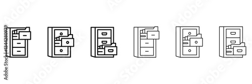 File Cabinet icon set. The file cabinet icon depicts a storage unit with drawers for organizing and securing documents. This icon depicts office organization, record keeping, and file management.