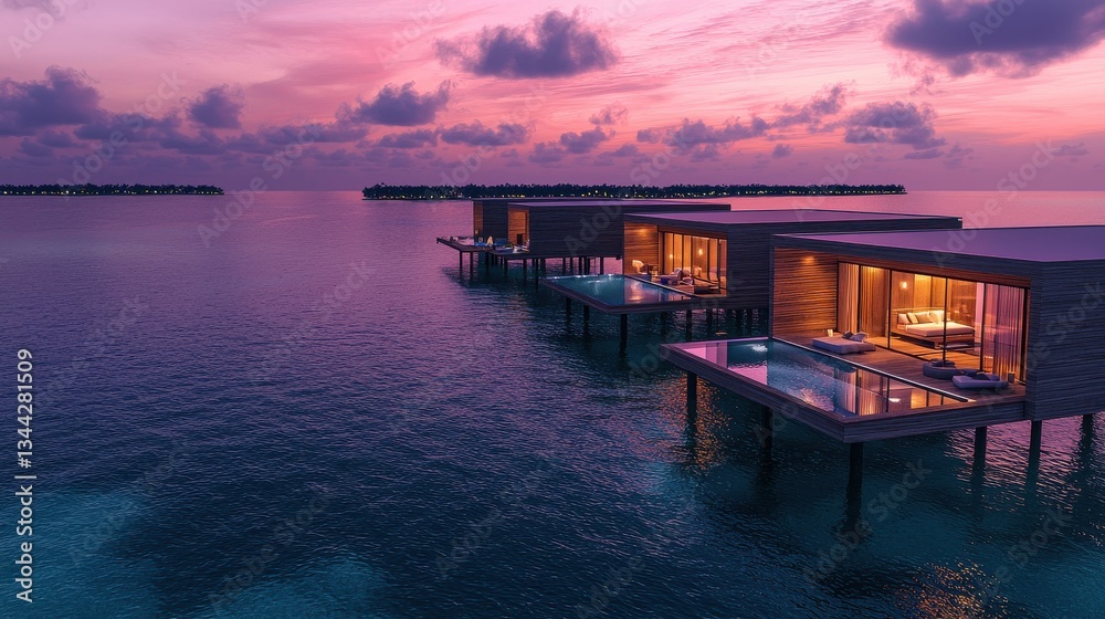 Obraz premium Stunning overwater villas at sunset, reflecting serene ocean views and vibrant skies.