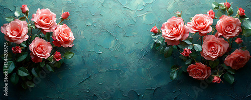 Floral Banner with pink Roses on Pastel Blue Background