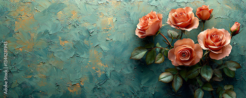 Floral Banner with pink Roses on Pastel Blue Background