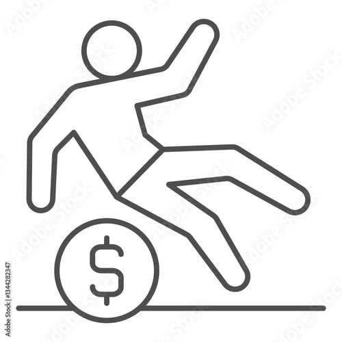 Man slipped on dollar coin thin line icon, financial problem concept. Vector graphics. Human with cent sign on white background, outline style icon for mobile or web design.