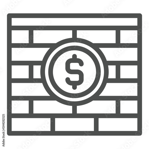Brick wall with dollar coin line icon, world sanctions concept. Vector graphics. Brickwork, money firewall sign on white background, outline style icon for mobile or web design.