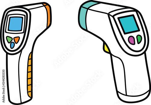 Infrared thermometer doodle line style. Digital thermometer medical device icons design. blood, digital, pressure, equipment.