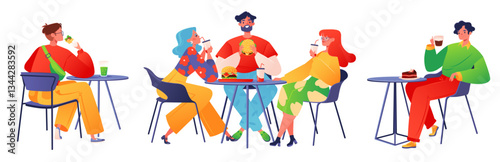 People in restaurant, long banner composition with people eating in food court in shopping center. Bright colorful vector illustration with diverse people eating kebab, burgers, or or drinking coffee 
