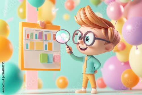 A cheerful cartoon boy with glasses analyzes colorful charts and graphs using a magnifying glass, surrounded by balloons.