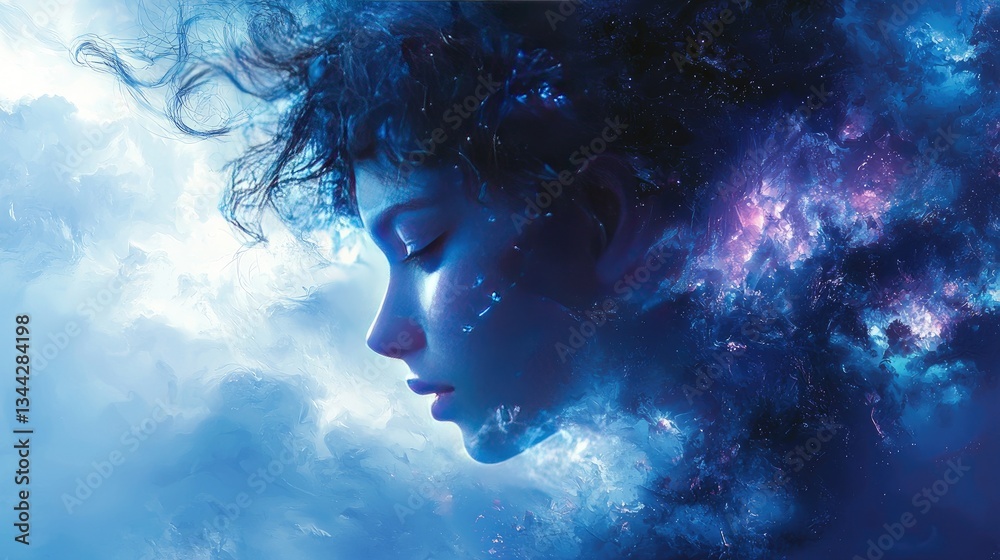 Ethereal portrait of a woman merging with cosmic elements in a serene backdrop Ethereal portrait of a woman merging with cosmic elements in a serene backdrop