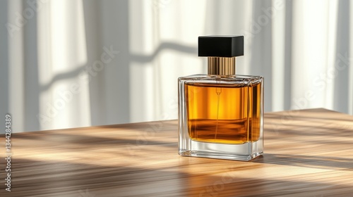 A golden perfume bottle sits elegantly on a minimalist table, illuminated by soft light filtering through white curtains