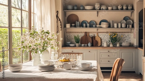 laura ashley decor kitchen and dining table and breakfast nook , generate AI