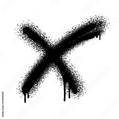Black cross symbol created with a spray paint effect, featuring a rough, grungy texture and dripping. for urban designs, street art concepts, graphic design elements, and creative backgrounds.Vector