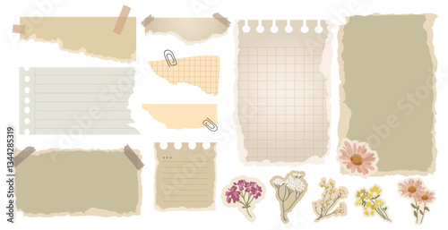 Vintage Aesthetic torn paper notes, lined and grid paper, taped scraps, and floral stickers design set. Perfect for scrapbooking, journaling, social media graphics, and creative.Vector illustration