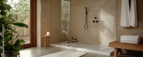 Modern bathroom interior with natural light, plants, and minimalistic design.