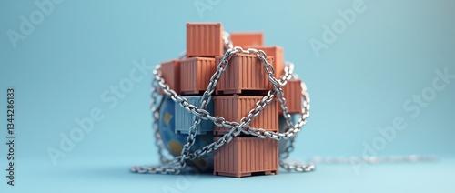 Global Trade Under Constraint: A conceptual image of the world, laden with shipping containers and bound by chains.