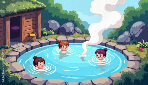 Animated characters enjoying hot springs in a vibrant landscape, nostalgia