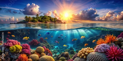 Fototapeta Naklejka Na Ścianę i Meble -  Panoramic Underwater Scene: Crystal Clear Water Meets Vibrant Reef