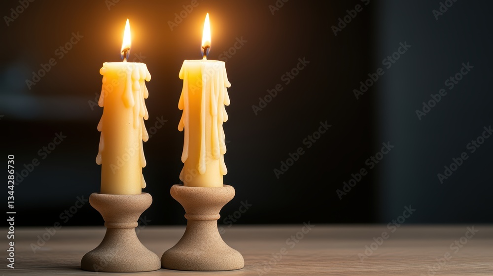 Warm glow, two lit candles illuminate a table setting, creating cozy ambiance two Warm glow, two lit candles illuminate a table setting, creating cozy ambiance two