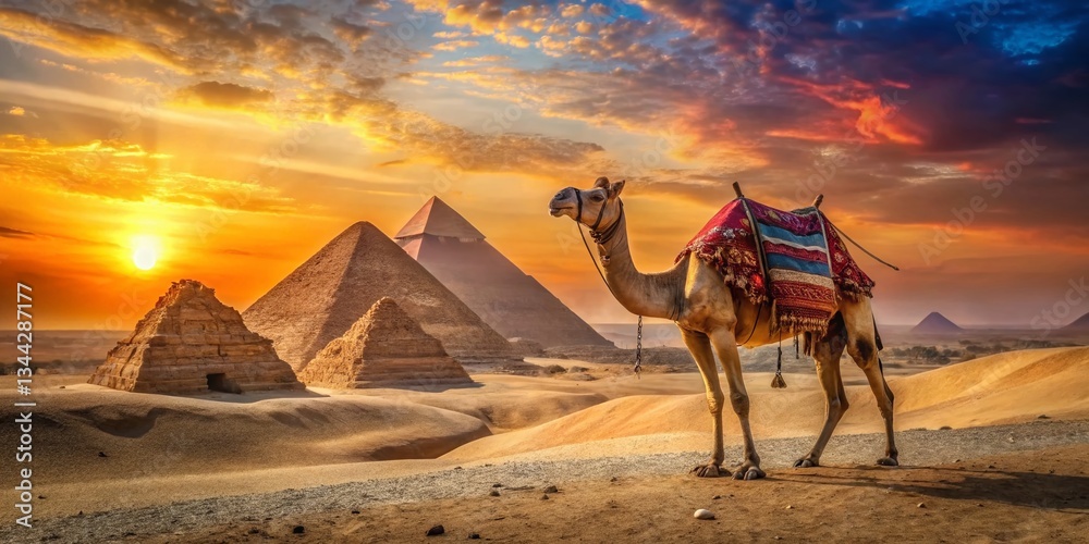 Fototapeta premium Panoramic View: Camel Tied Before Majestic Pyramids at Sunset