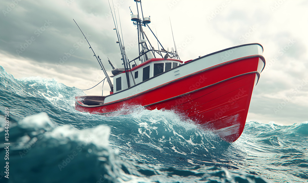 Obraz premium Red fishing trawler battling stormy seas, dramatic ocean waves crashing against the hull. Powerful image of resilience and the fishing industry.