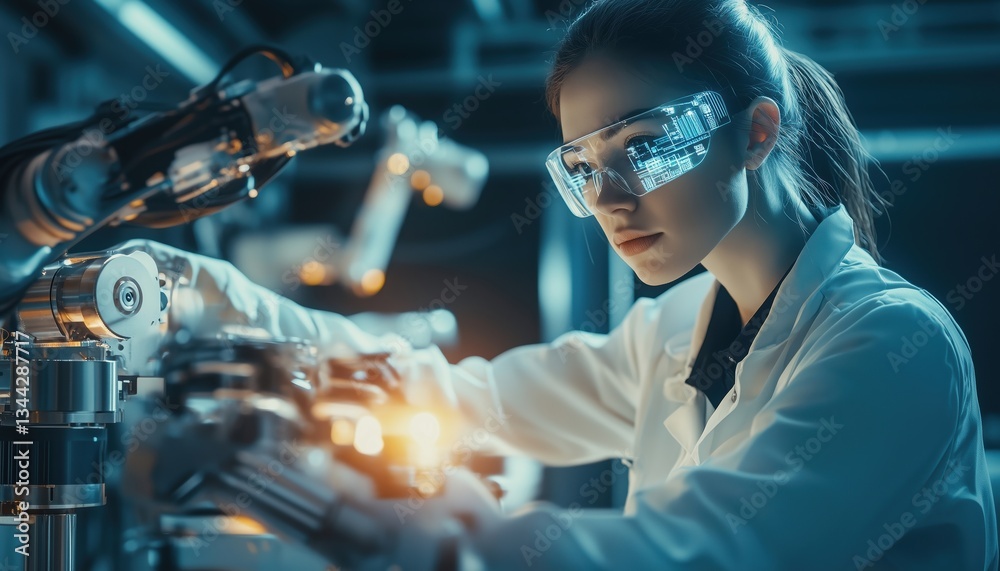 Female Industrial Engineer In A Smart Factory: Operating Automation Robot Arms With Real-Time Monitoring System Software For Digital Future Manufacturing. Female Industrial Engineer In A Smart Factory: Operating Automation Robot Arms With Real-Time Monitoring System Software For Digital Future Manufacturing.